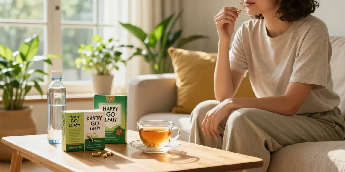 Happy Go Leafy brand kratom capsules being consumed in a cozy wellness setting.