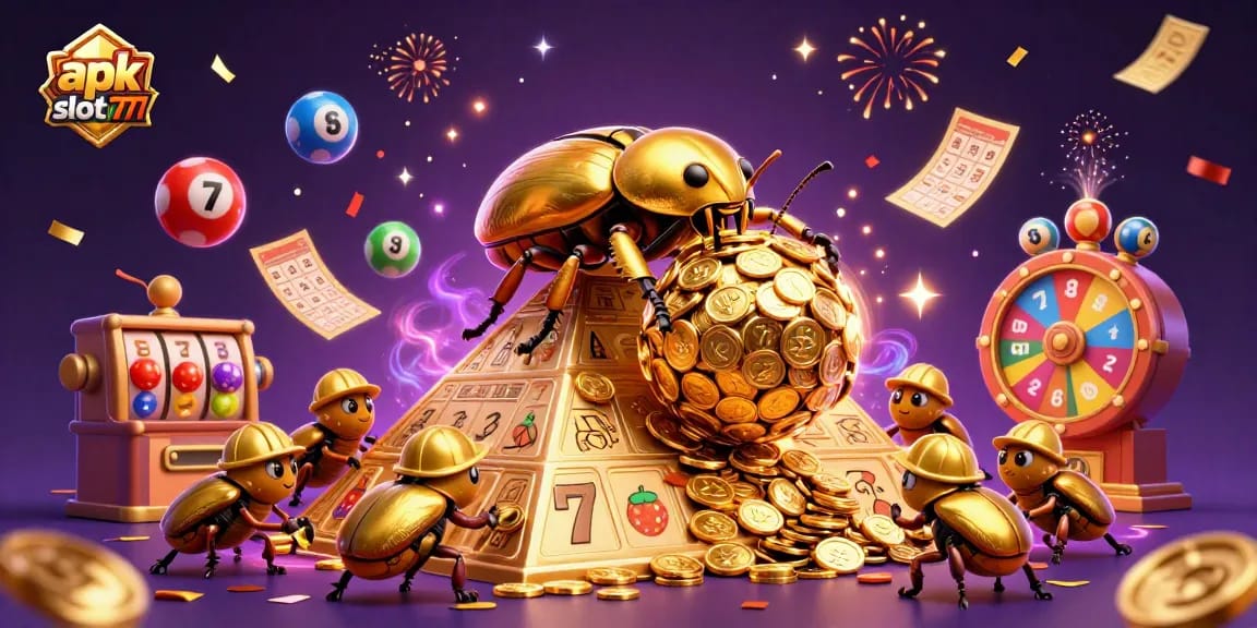 Engage with the vibrant apk slot777 casino scene, showcasing dynamic lottery balls and golden prizes.