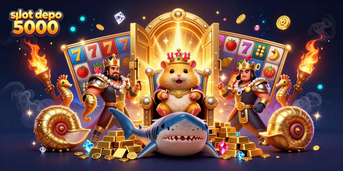 Experience thrilling wins with slot depo 5000 in a captivating casino setting featuring a golden hamster king.