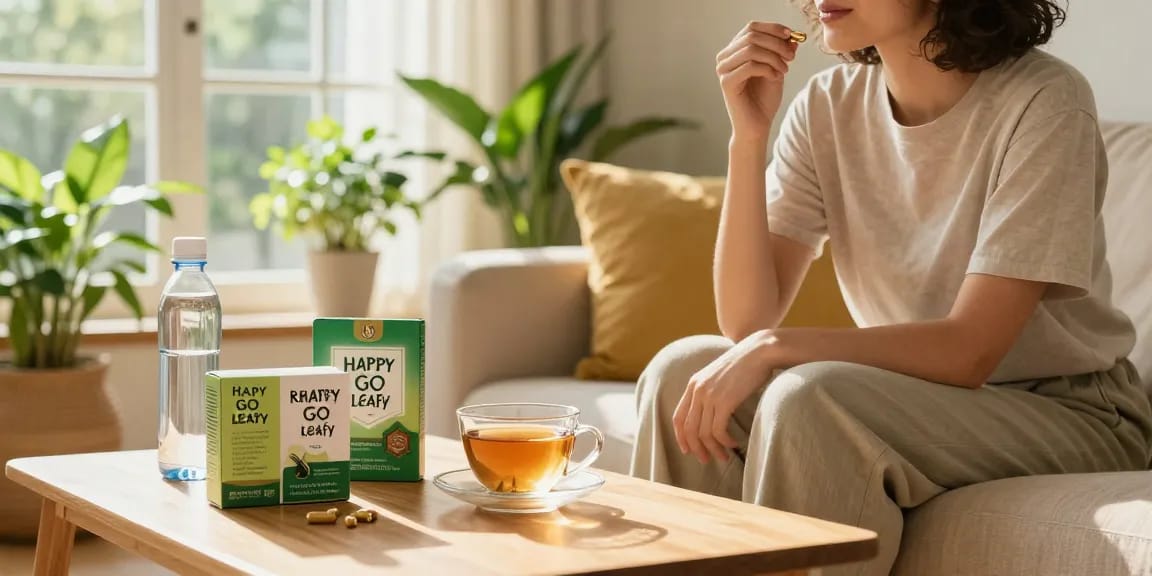 Happy Go Leafy brand kratom capsules being consumed in a cozy wellness setting.