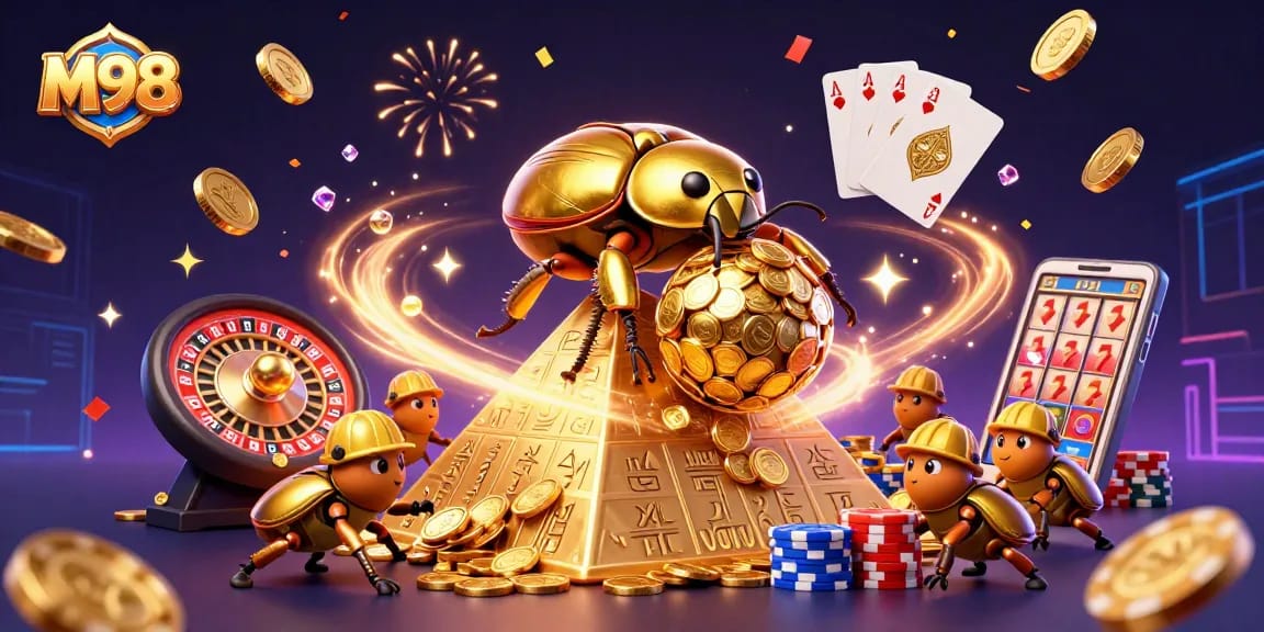M98 players engaging with a vibrant 3D casino scene showcasing golden coins, a pyramid, and exciting gaming elements.