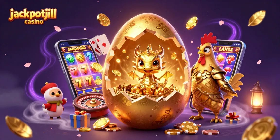 Experience jackpotjill casino with a vibrant scene of a golden dragon and casino elements.