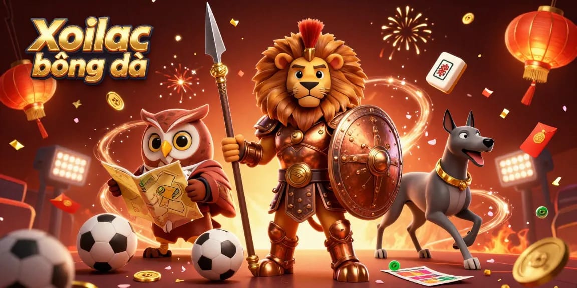 Xoilac bóng đá sports betting scene featuring a Spartan lion, owl strategist, and greyhound messenger