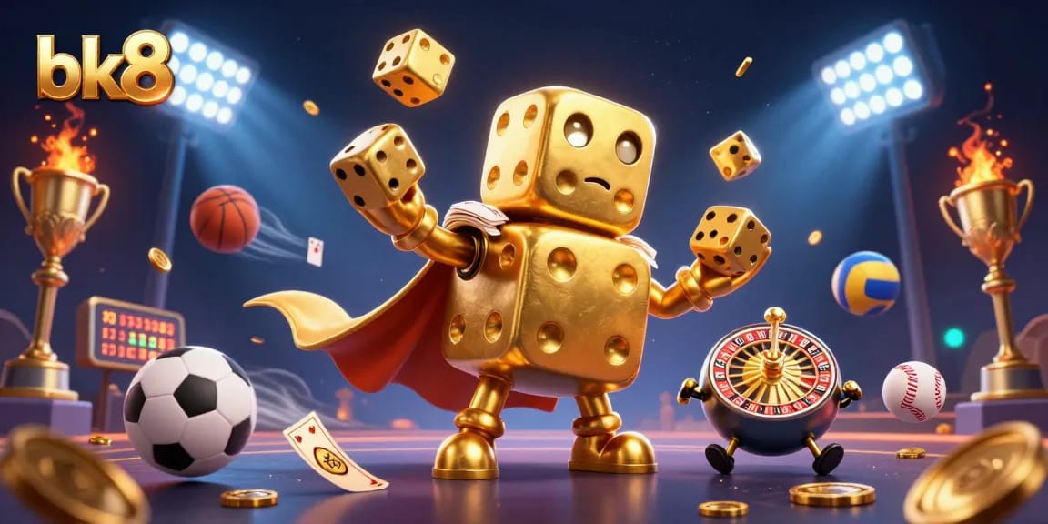 Engage with bk8's online gaming action through this vibrant 3D casino illustration.