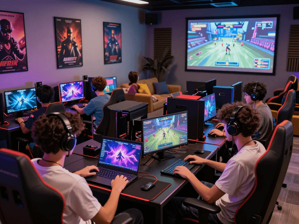 Engaging players enjoying adult games in a vibrant gaming lounge, showcasing interactive experiences on various devices.