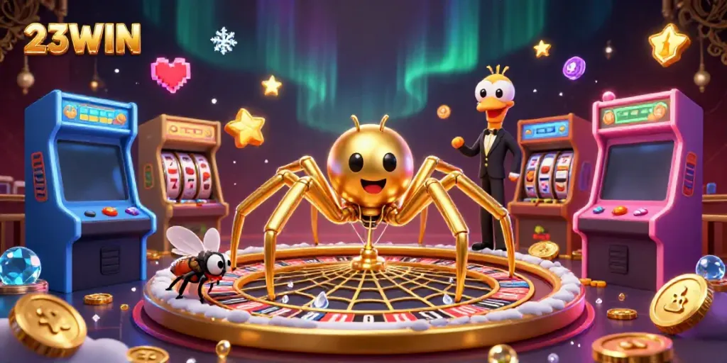 22WIN spins luck with a spider at the roulette wheel surrounded by arcade gaming elements.