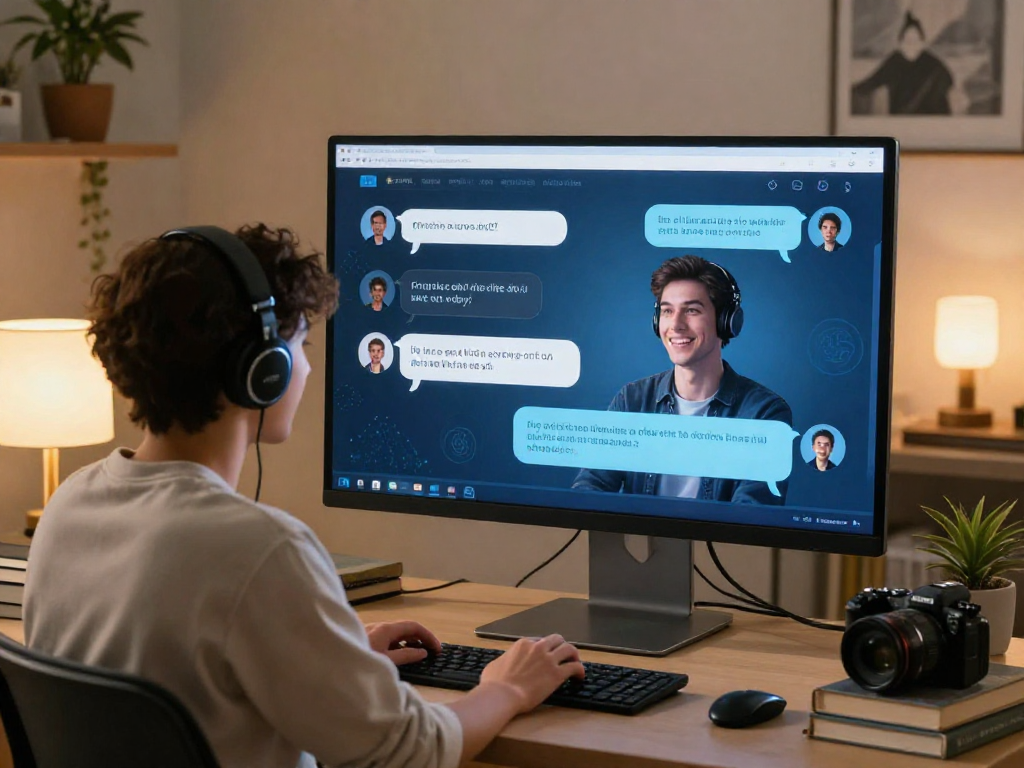 Interactive ai porn chat scene with user and AI assistant in modern workspace.