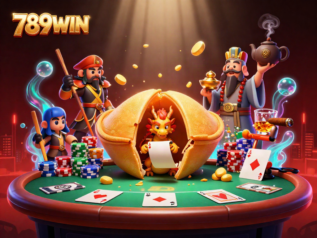 Experience dynamic gameplay with 789WIN, elite poker strategies and fortune elements within an illustrated casino scene.