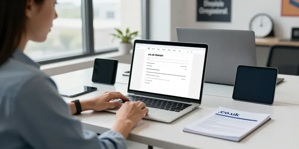 Register .co.uk domain name process in a modern office setup.
