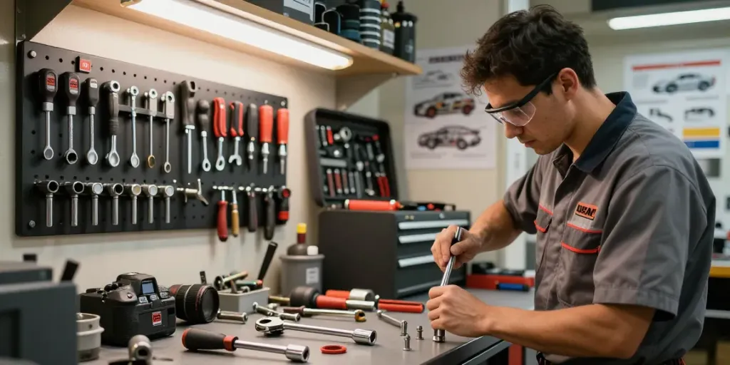 Technician using USAG tools in a professional mechanics’ workshop.
