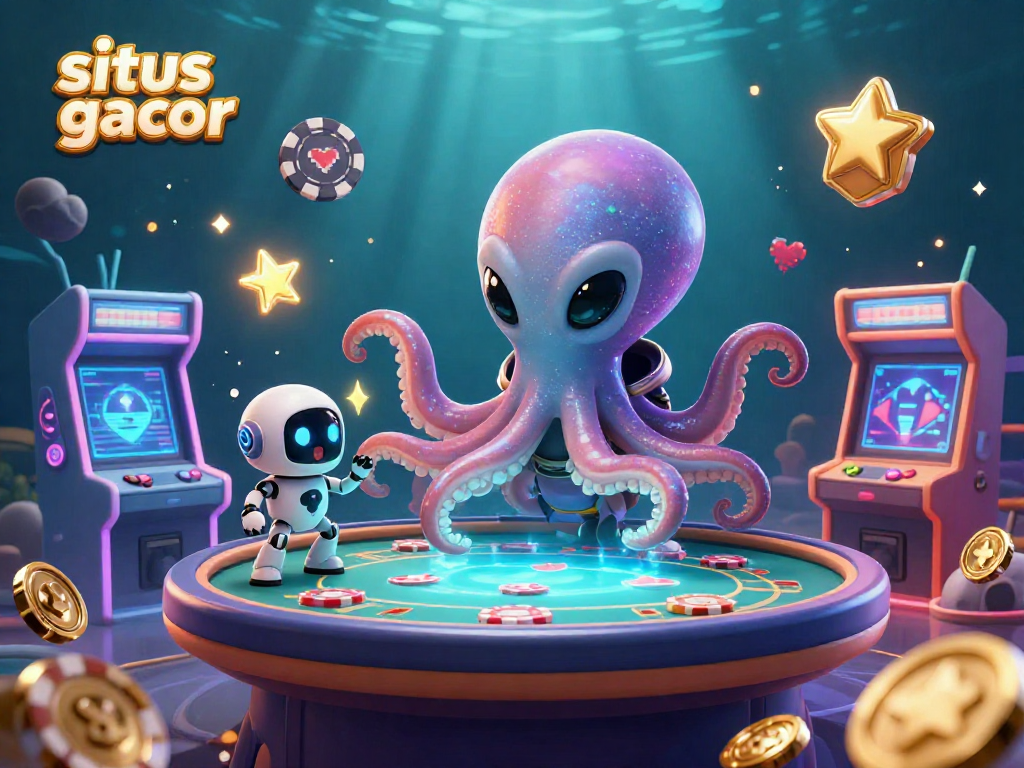 Engage with the exciting world of situs slot gacor with an alien octopus and robot at a holographic poker table surrounded by vibrant gaming elements.