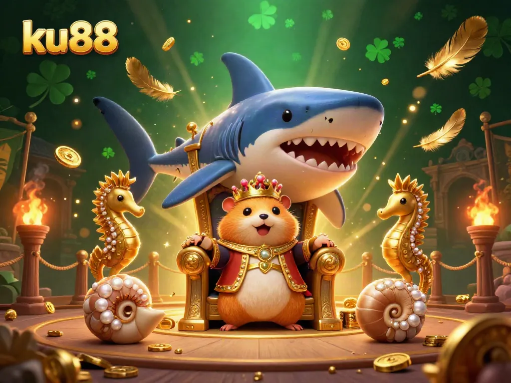 Engage with ku88's vibrant casino scene featuring a golden hamster king amid dynamic gaming elements.