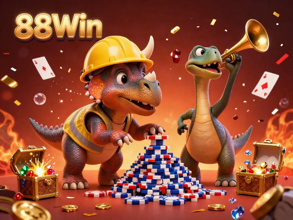 Experience the excitement at 88Win with a fun and dynamic casino-themed 3D illustration featuring a festive triceratops.
