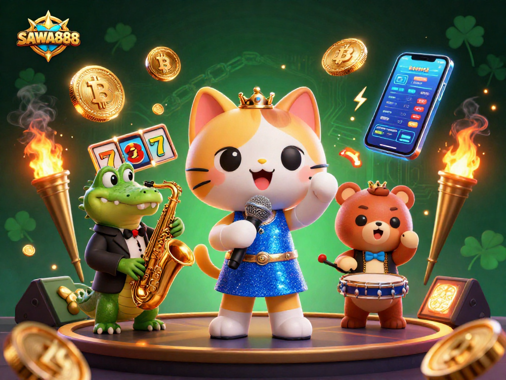 Experience exciting online gaming with SAWA888 featuring slot reels and vibrant characters.