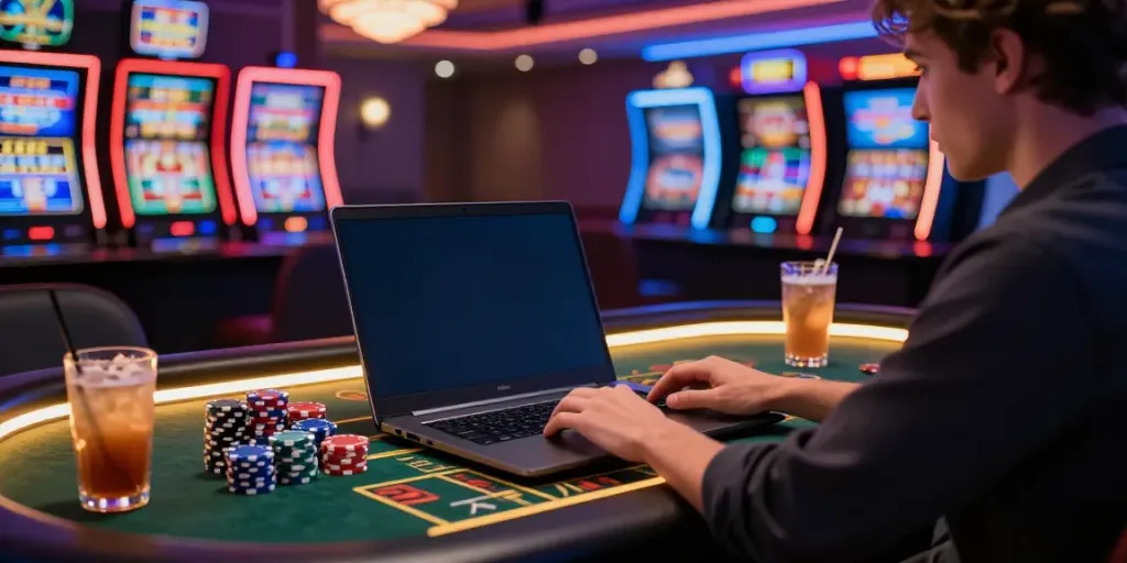 A player enjoying a gaming session at credit card casinos with stylish modern setup, colorful chips, and vibrant display.