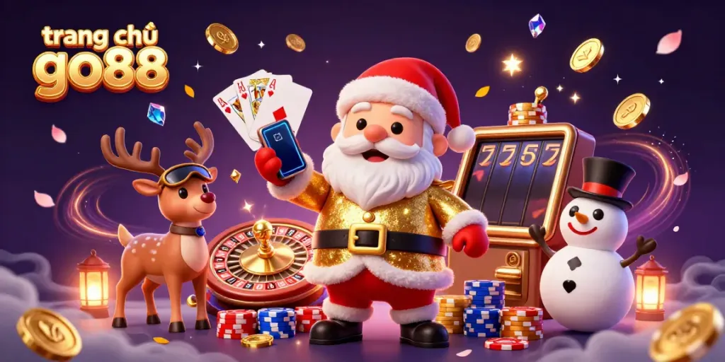 Experience the excitement at trang chủ go88 with Santa Claus and friends enjoying casino games amid flying coins and gemstones.
