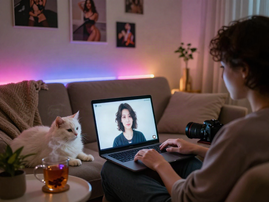 Engaging in ai sex chat in a cozy room with laptop and tea