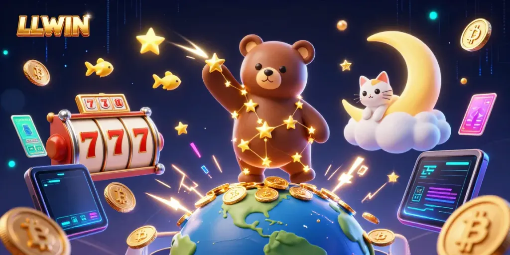 LLWIN brings excitement with a golden constellation bear reaching for coins amidst slot game symbols in a magical night.