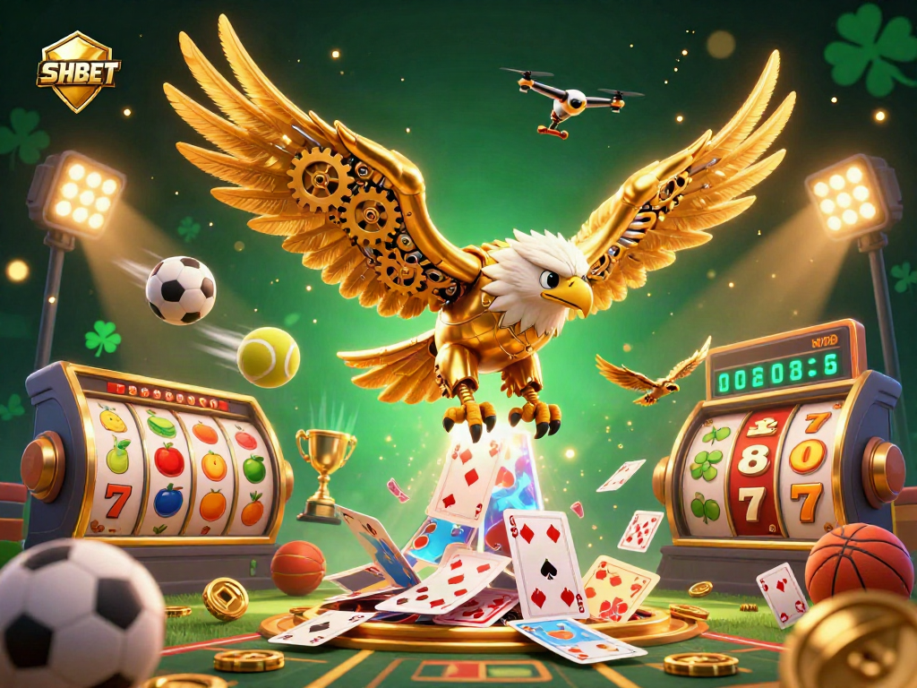 Experience thrilling gameplay at SHBET with a vibrant scene of a golden eagle amidst dynamic slots and sports moments.
