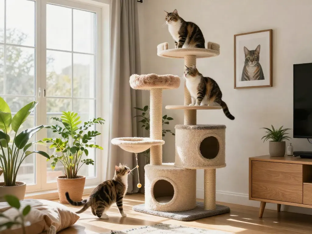 Interactive cat tree keeping curious cats engaged and happy in a cozy living room.