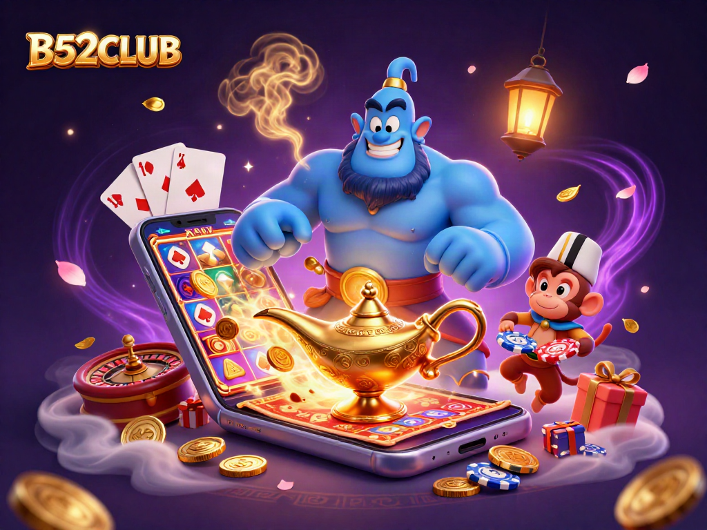 B52CLUB features a dynamic genie and monkey playing vibrant slots with magical poker chips.