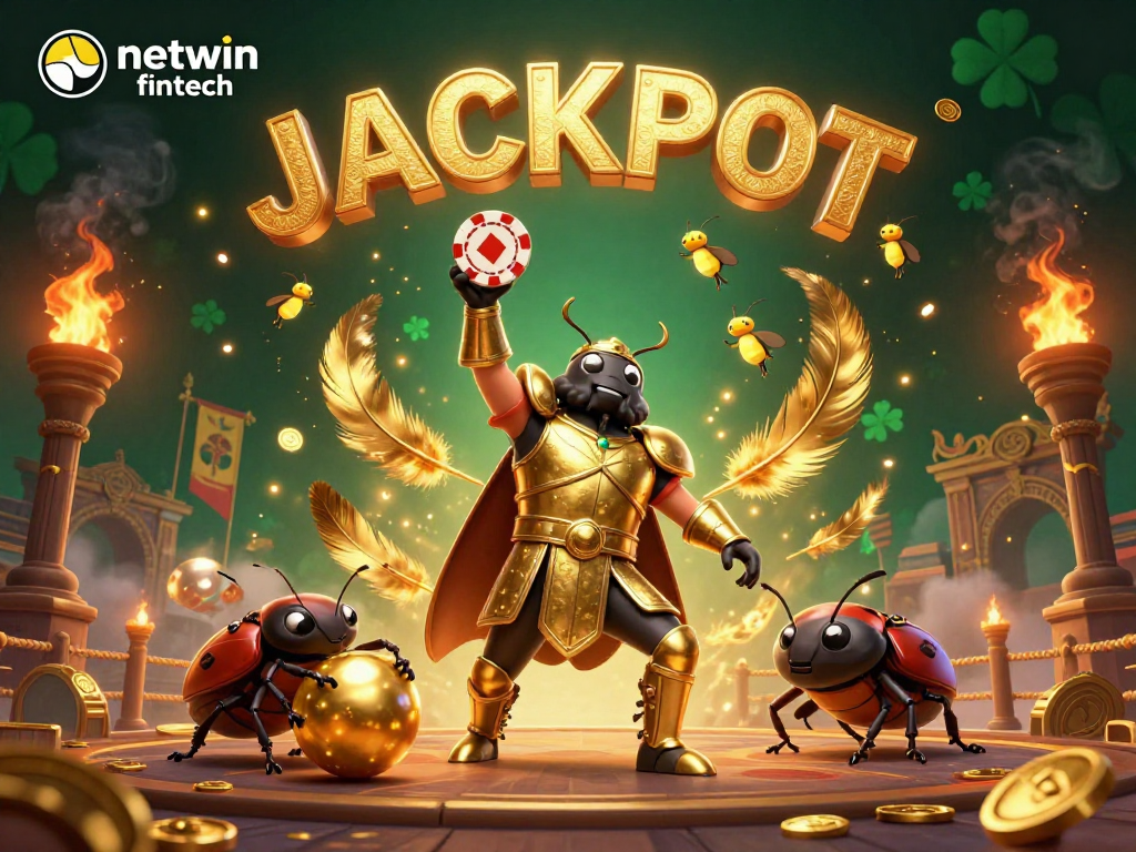 Engage with netwin fintech's exciting visual of a beetle in golden armor celebrating jackpot wins.