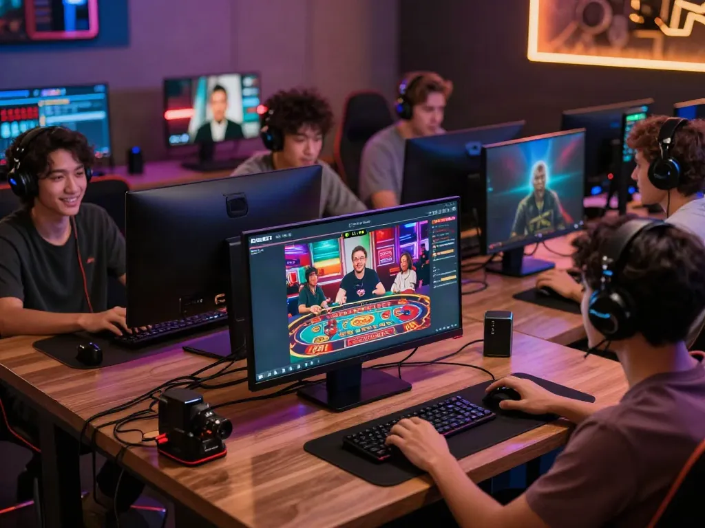 DEBET online gaming scene showing diverse players engaging with colorful graphics and tech devices.