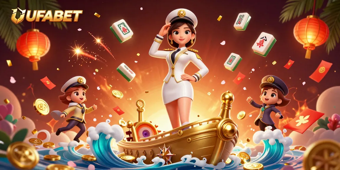 Experience the excitement of UFABET with a stunning 3D illustration of a commanding naval officer amid vibrant casino elements.