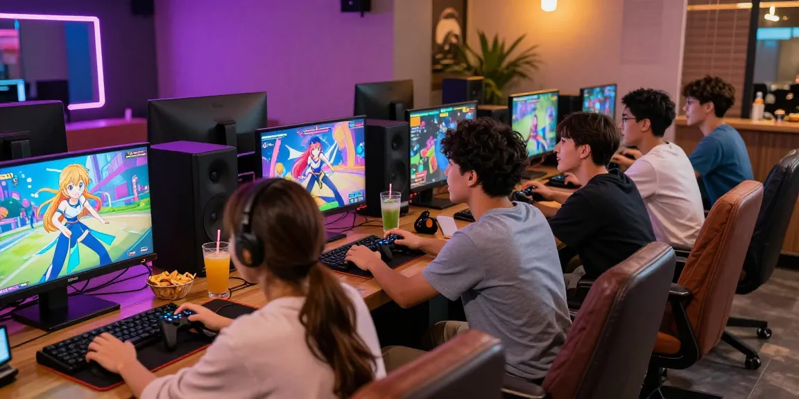 Friends enjoying ecchi games in a vibrant gaming lounge with colorful graphics and snacks.
