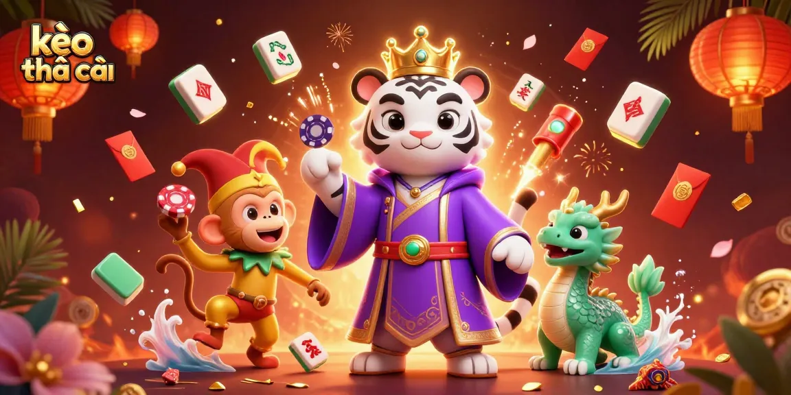 Engage with the kèo nhà cái as a lively cartoon scene featuring a white tiger and monkey amidst casino elements.