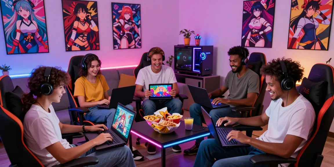 Engaged group playing hentai game in vibrant gaming room with ambient lighting.