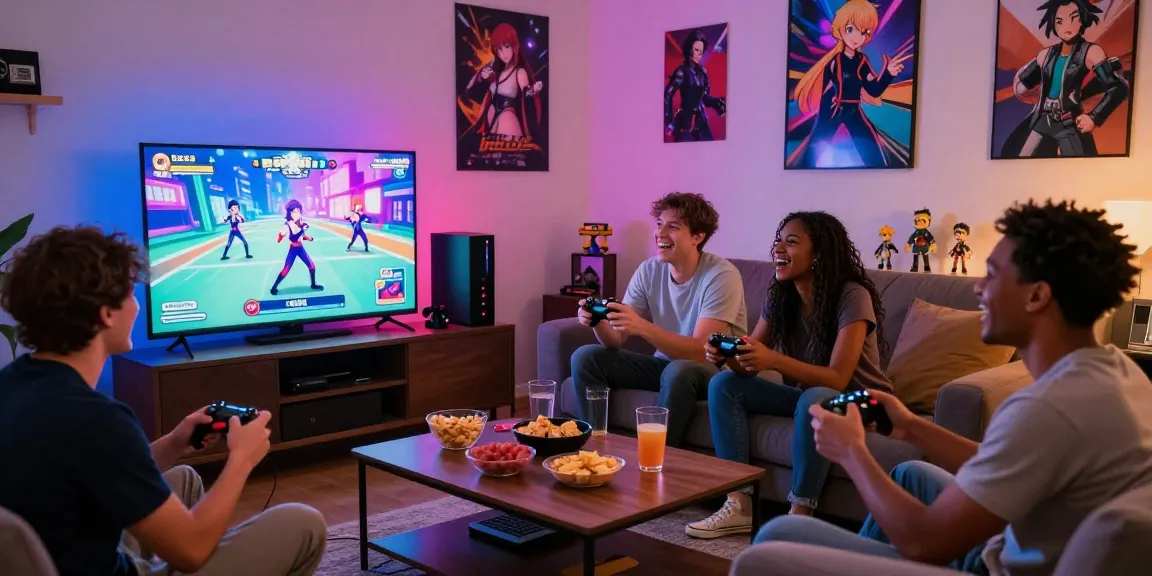 Friends enjoying ecchi games together, playing on a console in a lively living room.
