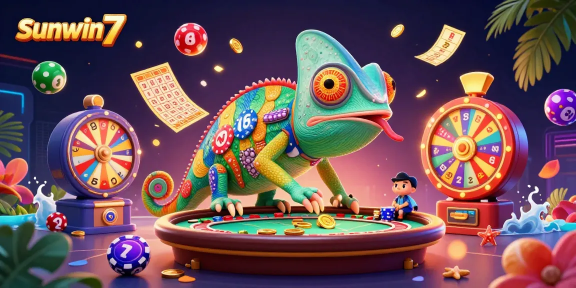 Engage with sunwin7 at the ultimate casino experience featuring a colorful chameleon owner surrounded by vibrant gaming elements.