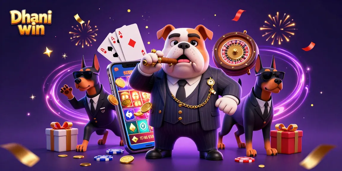 Dhani win offers exciting gameplay with thrilling slot games and rewards, featuring a cartoon mafia boss and Doberman bodyguards.