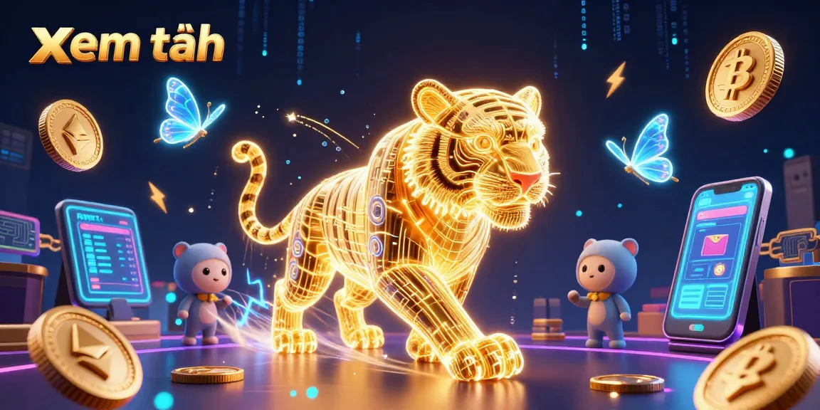 Experience the thrill of gambling with xem thêm, featuring a neon tiger and cryptocurrencies in a vibrant digital casino.