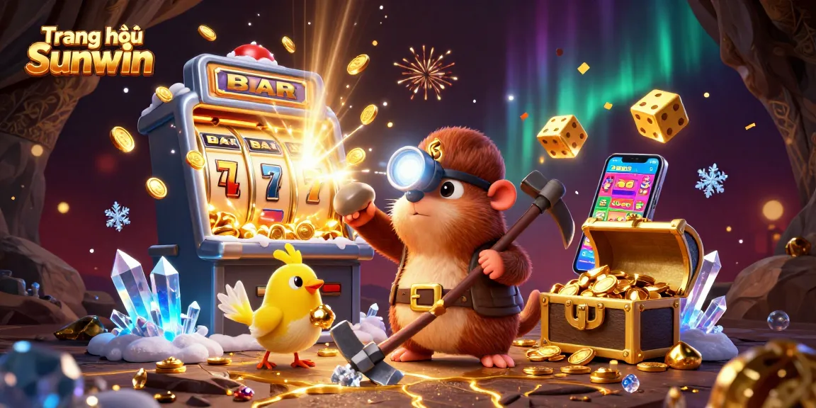 Engage with the vibrant scene of Trang chủ Sunwin featuring treasure hunter characters amid sparkling jackpots.